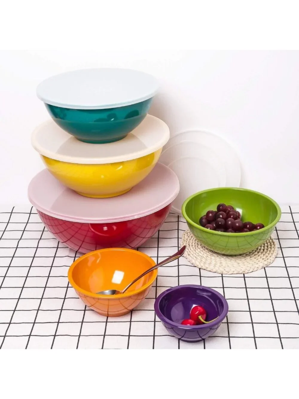 Colorful 6-Piece Melamine Mixing Bowls Set with Lids - Durable & Lightweight